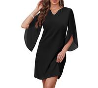 AOWVUTS Vestido de Cóctel para Mujer Midi Vestido Elegante de Manga 3/4 Vestidos Corto Casual de Gasa Cuello en V Vestidos Formal Línea A para Fiesta Noche Invitada Boda Ceremonia