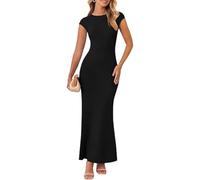 AOWVUTS Vestido de Largo para Mujer Maxi Vestido Casual Manga Corta Vestidos Elegante Cuello Redondo Vestidos Sexy Verano Bodycon Slim Fit Sólido para Cóctel Fiesta Partido Playa Club