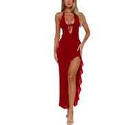 AOWVUTS Vestido de Largo para Mujer Sexy Vestidos sin Espalda Cuello en V Profundo Elegantes Vestidos sin Manga Volante Dobladillo Maxi Vestido Ajustado Frente para Fiesta Coctel Noche Club