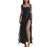 AOWVUTS Vestido Largo Mujer Sexy Vestidos sin Mangas Elegante Maxi Vestido sin Espalda con Abertura Vestidos Ajustado Verano Dobladillo con Volantes Bodycon para Fiesta Cóctel Noche Club