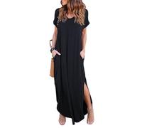 AOWVUTS Vestido Largo Mujer Verano Maxi Vestido Manga Corta Cuello V con Hendidura Informal Vestido de Playa Suelto Vestido T-Shirt Casual con Bolsillos