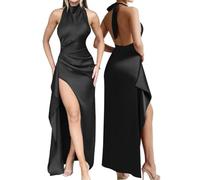 AOWVUTS Vestido Largo para Mujer Vestido de Fiesta de Satén Sin Espalda con Abertura Alto Sexy Vestidos Maxi Sin Mangas Halter Cuello Bodycon Elegante Vestidos para Ceremonia Formal Boda Cóctel Noche