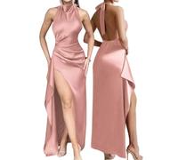AOWVUTS Vestido Largo para Mujer Vestido de Fiesta de Satén Sin Espalda con Abertura Alto Sexy Vestidos Maxi Sin Mangas Halter Cuello Bodycon Elegante Vestidos para Ceremonia Formal Boda Cóctel Noche