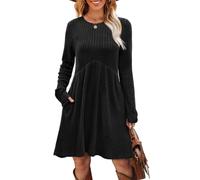 AOWVUTS Vestido Manga Larga Mujer Casual Vestido de Punto Suéter Elegante Vestidi Jersey Cuello Redondo Corto Vestidos Línea A Túnica Vestidos de Otoño Invierno con Bolsillos