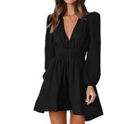 AOWVUTS Vestido Manga Larga Mujer Mini Vestido Elegantes Cuello en V Casual Vestidos Corto línea A Vestidos de Manga Farol Cintura Alta para Cóctel Fiesta Invitada Boda Playa Vacaciones