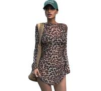 AOWVUTS Vestido Manga Larga Mujer Mini Vestido Sexy Leopardo Vestidos Corto Casual Cuello Redondo Vestidos de Fiesta Elegantes Vestido Transparente para Club Bar Noche Cita Cocktail Party Dress