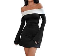 AOWVUTS Vestido Mujer Elegante Manga Larga Minivestido Sexy Hombros Descubiertos Vestido Corto Línea A Bloque de Color Vestidos Bodycon Ajustado de Fiesta para Cóctel Noche Clubwear Otoño Invierno