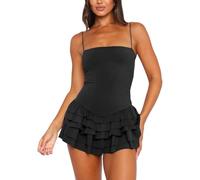 AOWVUTS Vestido Sexy Mujer sin Mangas Mini Vestidos Ajustado Vestido Corto de Tirantes A-línea Verano Bodycon Vestidos Elegante Dobladillo con Volantes para Fiesta Club Cóctel Noche
