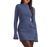 AOWVUTS Vestidos Corto Manga Larga Mujer Elegante Mini Vestido Cuello Redondo Bodycon Sexy Vestido Wrap Slim Fit Vestidos de Fiesta Elegante para Going out Club Bar Noche Cóctel Party