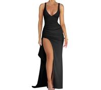 AOWVUTS Vestidos de Fiesta para Mujer Vestidos Largo Formal de Noche Sexy Maxi Vestido Ajustado sin Mangas Vestido Elegante Cuello en V Abertura Alta Bodycon Slim Fit Elástico para Cóctel Club
