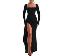 AOWVUTS Vestidos Largo Mujer de Manga Larga Sexy Maxi Vestido Ajustado Cuello Cuadrado Elegante Vestido de Fiesta Abertura Bodycon Vestidos de Otoño Invierno para Cóctel Noche Club Ceremonia Boda