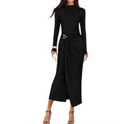 AOWVUTS Vestidos Largos Mujer Manga Larga Elegantes Maxi Vestido Ajustado Cuello Alto Sexy Vestido de Cóctel Ruched Color Sólido Bodycon Vestidos de Noche Fiesta Ceremonia Club Playa Invitada Boda