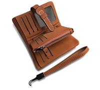 AOXONEL Cartera pequeña de Cuero Plegable para Mujer, Bloqueo RFID, con Tarjetero, Ventana de identificación, Monedero (marrón Oscuro)