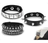 AOYEGIC Pulseras con tachuelas 3 piezas, pulseras de cuero punk rock ajustables retro con cierres, accesorios de los 80, ideales para hombres y mujeres, fiestas temáticas y conciertos (negro)