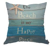 AOYEGO The Beach is My Happy Place - Funda de almohada con frase de estrella de mar, fondo de madera con cita divertida funda de almohada de 45,7 x 45,7 cm, decorativa, para el hogar, sofá, cama