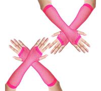 AOZUO 2 pares de guantes de malla, guantes de disfraz de miércoles, calentador de brazos de malla años 80, guantes largos de neón sin dedos, guantes de malla elástica para mujer, fiesta temática de