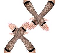 AOZUO 2 pares de guantes de malla, guantes de disfraz de miércoles, calentador de brazos de malla años 80, guantes largos de neón sin dedos, guantes de malla elástica para mujer, fiesta temática de