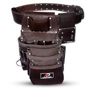 Ap Leather Pro-015 - Bolsa de herramientas de cuero para construcción, soporte resistente para martillo, hebilla, 3 bolsillos grandes con cinturón, 12 bolsillos pequeños, organizador de herramientas