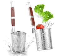 APACALI Juego de 2 cestas de pasta de acero inoxidable de 12 cm, colador de pasta microperforado con mango de madera, cesta de pasta, colador de pasta, colador fino, para el hogar