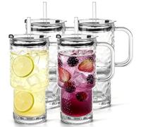 APACALI Paquete de 4 vasos de vidrio de 500 ml con tapas y popotes, taza de café helado de 17 onzas, vaso de vidrio con popote y tapa, vidrio de café con leche helado para café helado, jugo, bebidas