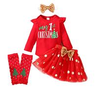 APAELEA 4pcs Bebé Ropa de Navidad Mameluco de Manga Larga + Falda + Pierna Caliente + Lazo,Rojo-Polka,3-6 Meses