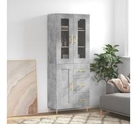 Aparador alto gris hormigón 69,5 x 34 x 180 cm, material de madera, patas de metal, mucho espacio de almacenamiento, elegante aparador buffet para salón, comedor
