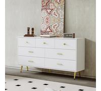 Aparador blanco, 7 cajones, asas doradas, patas doradas, guías de cajones lisas, 140 x 35 x 76 cm, para comedor, aparador de cocina, armario de almacenamiento, cajones elevadores