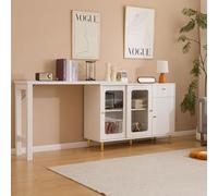 Aparador blanco moderno buffet creativo con mesa extensible plegable, patas metálicas doradas, puertas correderas de cristal, estantes ajustables y diseño multifuncional, armario de comedor con patrón