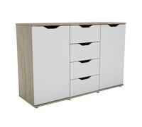 Aparador, buffet moderno, armario auxiliar 2 puertas, 4 cajones salón parc roble sonoma y blanco mate 120x79x38 cm