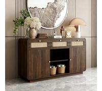 Aparador de 120 cm en nogal - Cajonera con 3 cajones, 2 compartimentos y estante abierto - Elegancia gracias a los elementos de ratán (H85/B120/T40 cm)