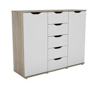 Aparador de 2 puertas, buffet para salón, 5 cajones parc roble sonoma y blanco mate 120x97x38 cm