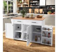 Aparador de cocina, aparador de salón, color blanco, 129 x 46 x 91,5 cm, superficie de trabajo de madera maciza, superficie de trabajo plegable, porta contenedor, patas de madera maciza/rueda, apto