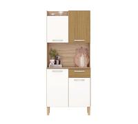 Aparador de cocina, mueble almacenamiento cocina gabi 4 puertas 1 cajón espacio microondas melamina blanco mate y roble 74x175x36 cm