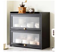 Aparador de despensa de cocina de bambú de 3 niveles con puertas correderas, armario de almacenamiento independiente para botellas de especias, platos y cuencos, negro, compacto, 42 x 50 cm