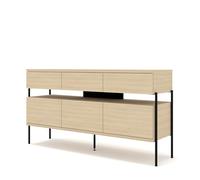 Aparador de madera maciza con 3 puertas, 3 cajones, cómoda de cierre suave, armario de almacenamiento listo para salón y dormitorio, roble natural, frentes sin asas (borde fresado), patas de metal
