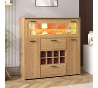 Aparador, elegante armario para vino con puertas dobles, estante de cristal y soporte para vino. Almacenamiento perfecto en un elegante aparador (color madera+negro, 110 x 38 x 111 cm)