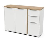 Aparador Moderno con 3 Puertas y 2 cajones - Estilo escandinavo - Color Blanco Mate y Roble Hamilton - 121,5 x 39,6 x 85,6 cm