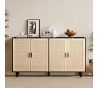 Aparador moderno con estantes ajustables, consola de TV de ratán de 4 puertas, armario de almacenamiento para sala de estar, comedor y dormitorio, fácil montaje, 158 x 40 x 88 cm, elegante acabado