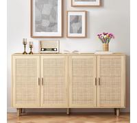 Aparador moderno con estantes ajustables de ratán para TV con 4 puertas, amplio almacenamiento para comedor, sala de estar y dormitorio, 158 x 40 x 88 cm, fácil montaje, acabado de madera