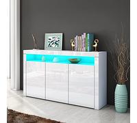 Aparador moderno de color blanco brillante con luz LED de 3 puertas para comedor o sala de estar, 152 x 35 x 97 cm