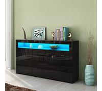 Aparador moderno negro brillante con 3 puertas y unidad de almacenamiento de luz LED para comedor o sala de estar, 152 x 35 x 97 cm