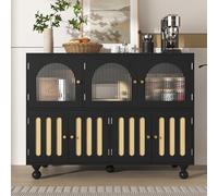 Aparador moderno negro, diseño de puerta de cristal Changhong, puerta en forma de llave de piano, patas de columna redondas, mueble de almacenamiento elegante, adecuado para el comedor y el salón