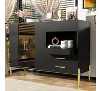 Aparador moderno y ligero con elegante puerta de cristal de color verde azulado, tiradores de cristal acrílico para comedor y sala de estar, patas de hierro doradas galvanizadas, cuerpo negro