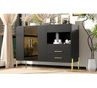 Aparador moderno y ligero con elegante puerta de cristal de color verde azulado, tiradores de cristal acrílico para comedor y sala de estar, patas de hierro doradas galvanizadas, cuerpo negro