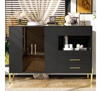 Aparador moderno y ligero con elegante puerta de cristal de color verde azulado, tiradores de cristal acrílico para comedor y sala de estar, patas de hierro doradas galvanizadas, cuerpo negro