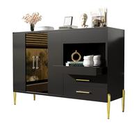 Aparador moderno y ligero con elegante puerta de cristal de color verde azulado, tiradores de cristal acrílico para comedor y sala de estar, patas de hierro doradas galvanizadas, cuerpo negro