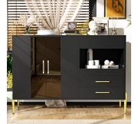 Aparador moderno y ligero con elegante puerta de cristal de color verde azulado, tiradores de cristal acrílico para comedor y sala de estar, patas de hierro doradas galvanizadas, cuerpo negro