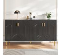 Aparador negro, 152 x 40 x 75 cm, con diseño ondulado único y asas y patas doradas que crean un comedor elegante