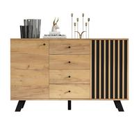 Aparador para salón, 120 cm de ancho, con 4 cajones y 2 armarios, diseño hueco de MDF y madera maciza, espacio de almacenamiento, elegante y versátil (madera natural + negro)