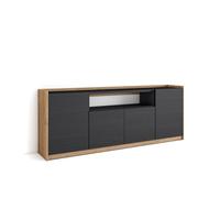 Aparador para salón, gran capacidad de almacenaje, 207x37x80 cm, 4 puertas, armario, zapatero, estilo moderno, negro y roble